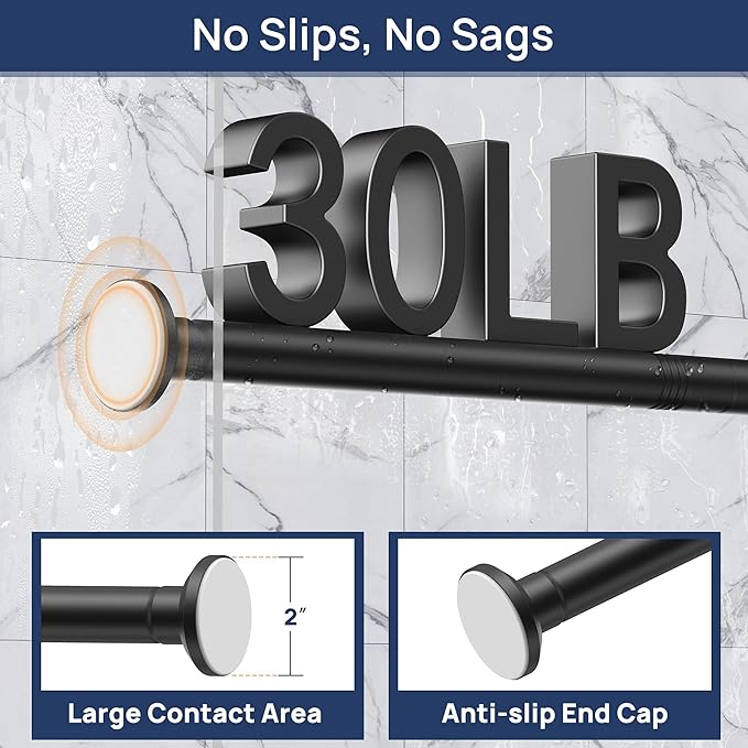 ENJOYBASICS Matte Black Shower Curtain Rod 30 to 76 Inches, 1 Inch Stainless Steel Adjustable Spring Tension Rods No Drill for Bathroom, Closet, Window, Room Divider, Never Rust, Non Slip