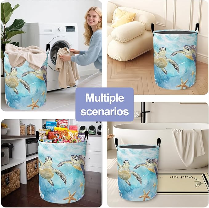 Retro Two Turtles Laundry Basket-Large Foldable Hamper Holder Portable Tall Collapsible Laundry Hamper Storage Basket Bin with Handles, Canvas & Waterproof lining for Household Items