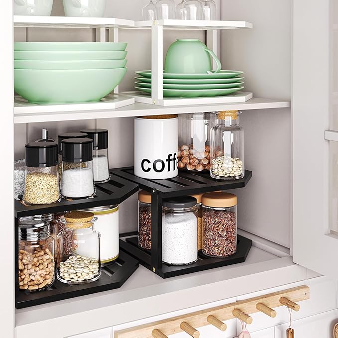 Bamboo Corner Shelf(2 Pack),2 Tier Plate Organizer for Cabinet and Countertop,Pantry Dish and Spice Rack for Kitchen(Black)
