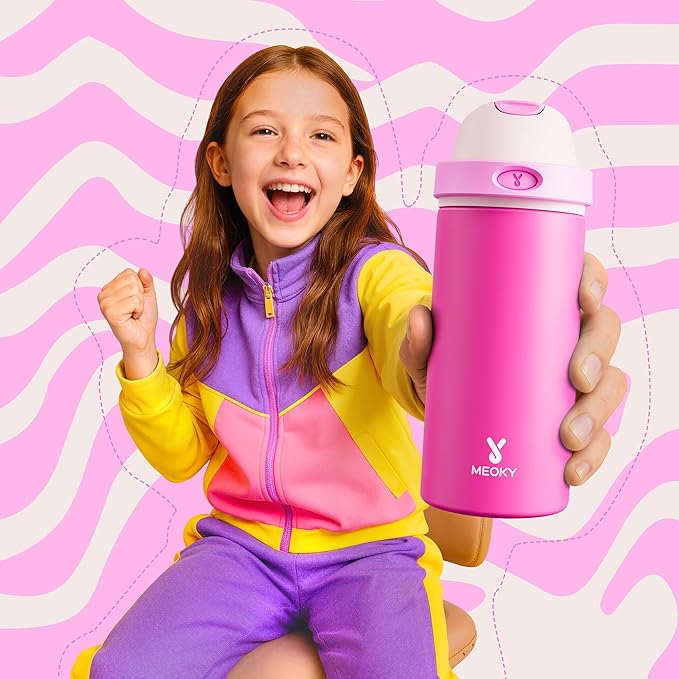 18 oz Kids Water Bottle for School: Meoky 18 oz Stainless Steel Insulated Water Bottle with 2-in-1 Straw and Spout Lid - Leak Proof, Fits in Car Cup Holder, BPA-Free for Teen Girls, Raspberry Vibes