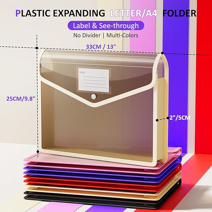 ThinkTex Plastic Expanding File Folder, Transparent Envelopes with Snap Closure, No Dividers, Large Capacity, Document Organizer for Receipts, Bills & Taxes, Fits Letter / A4 Size - 5 Pack