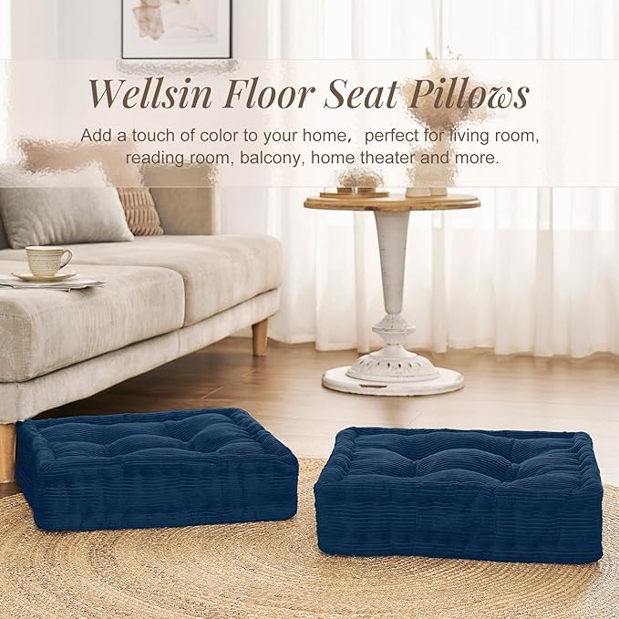 Wellsin Square Floor Pillows for Adults Kids - Meditation Floor Pillow Seating Cushion - Tufted Floor Cushion with Shredded Foam & Velvet Cover, 1 Pack, 20x20 Inch, Dark Blue
