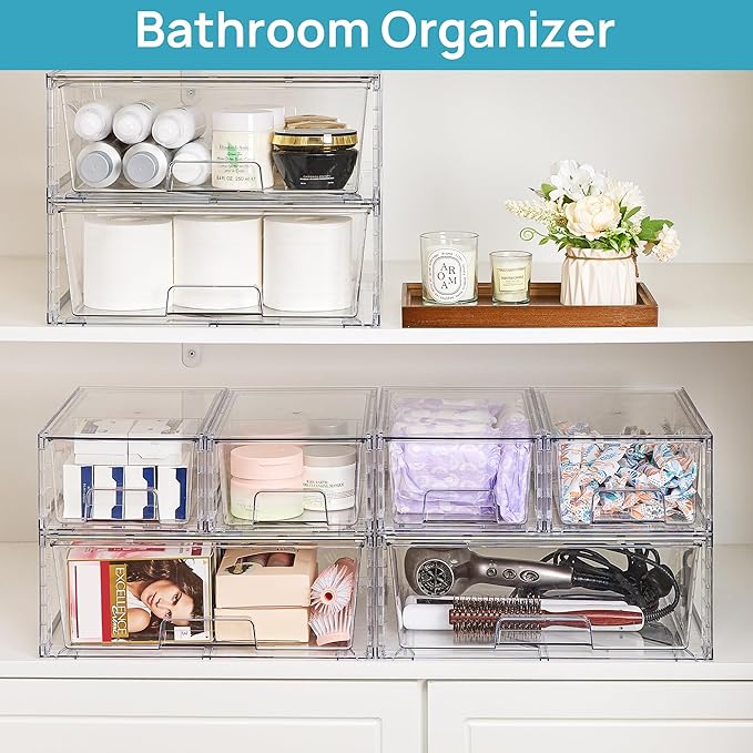 Vtopmart Clear Stackable Storage Drawers Set of 6, Easily Assemble Acrylic Bathroom Undersink Organizers, Plastic Storage Bins for Closet, Cabinet, Pantry, Medicine Organization