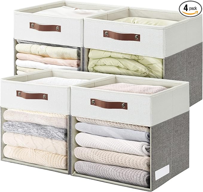 Storage Cubes, 4 Pack Linen Foldable Storage Bins (13 x 13 inch) with Clear Window and 2 Handles, Closet Organizers and Storage for Shelf Closet, Clothes, Books - (Gray and White)