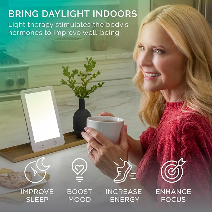 Verilux HappyLight Lumi Plus - Light Therapy Lamp with 10,000 Lux, UV-Free, LED Bright White Light with Adjustable Brightness, Countdown Timer, & Detachable Stand - Boost Mood, Sleep, and Focus