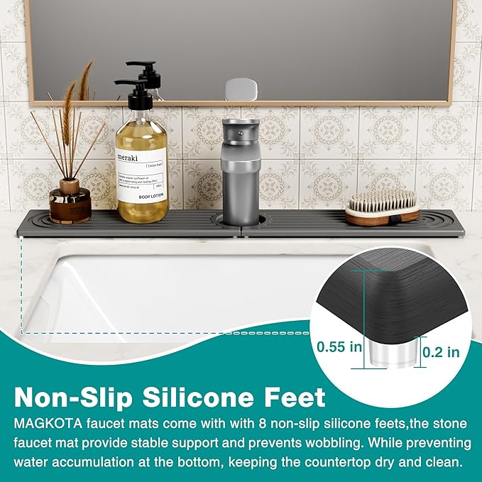 Stone Faucet Mat for Kitchen Sink - Quick Dry Diatomite Sink Splash Guard, Prevents Moisture Buildup & Water Stains, Water Absorbing Stone Tray for Bathroom Countertop (Dark Gray, 23.6" x 4")