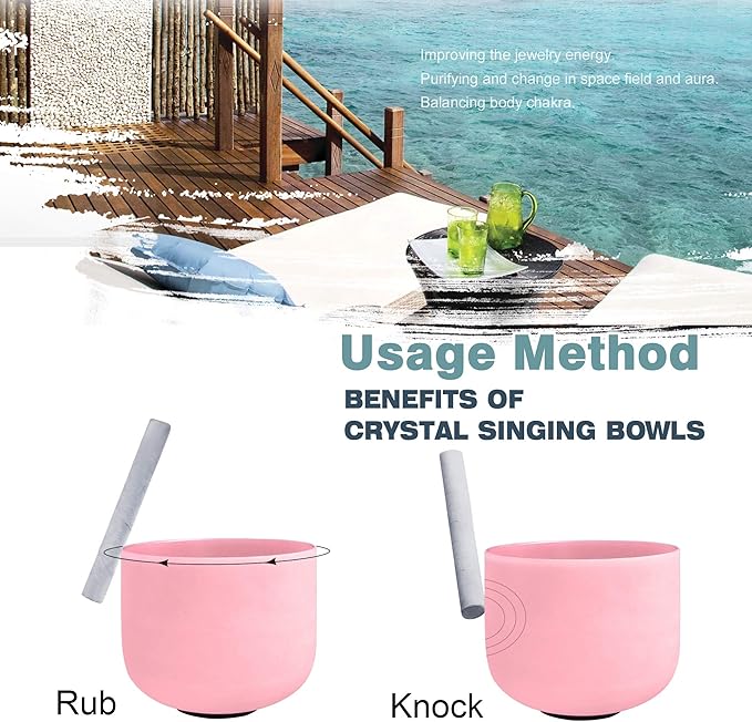 RYAN DVAN 8” F Note Pink Frosted Heart Chakra Crystal Singing Bowl with Free Heavy-Duty Carrying Case and Suede Striker O-Ring