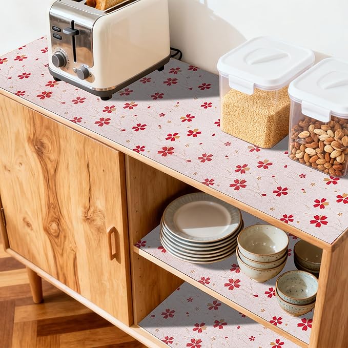 FIFTY FEET 12"x120" Non-Adhesive Shelf Liner for Kitchen Cabinets and Drawers, Washable Non-Slip PVC Cabinet Liner (Red Floral)(6 Roll)