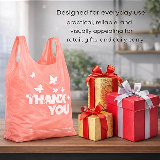 PINK Thank you bags, 50PCS T shirt bags, To Go Bags,Grocery bags, Reusable and Disposable,Perfect for Small Business,Take Out,Retails,11 inchx6 inchx21 inch(50),Large