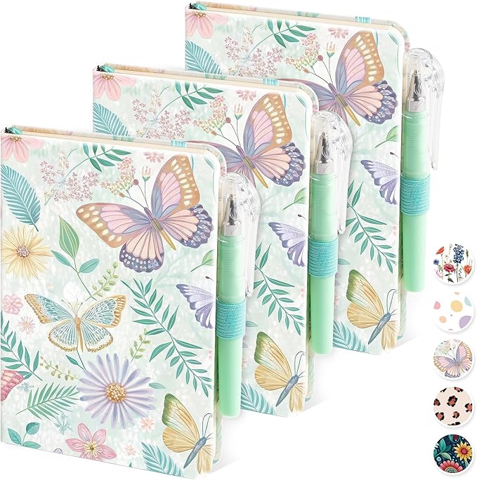 Aesthetic Small Journal Notebook, 3 Pack Mini Pocket Notebook with Pen, (Butterfly Garden) 3.7" x 5.7", 100GSM Lined Paper, Hardcover Small Notepad for Kids/Girls/Women Writing Note Taking