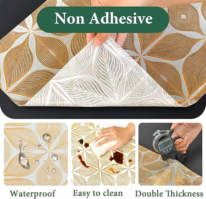 3D Drawer and Shelf Liner for Kitchen Cabinet: 12 in X 30 Ft Waterproof Shelf Paper Non Adhesive Refrigerator Liners Golden Leaf Easy Liners for Bathroom with Knife Tape Measure