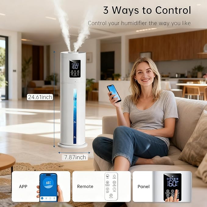 8L Smart Humidifier Large Room, Top Fill Humidifiers for Bedroom with Diffuser, 7 Color Lights, 16H Timer, Auto Mode, APP & Remote Control, 4 Levels Cool Mist Air Humidifier for Plants Home Office