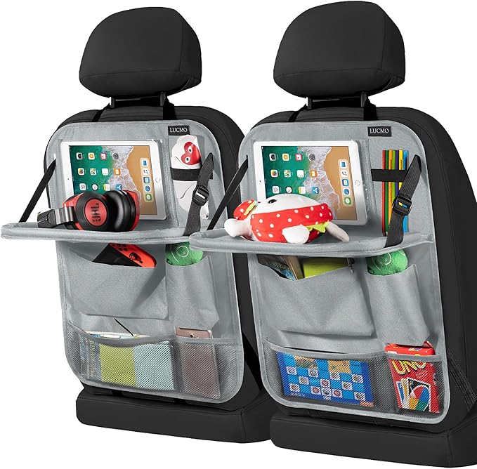 LUCMO Car Backseat Organizer with Tablet Holder - 2 Pcs, 6 Storage Pockets Car Storage Organizer with Foldable Food Tray Protectors Kick Mats Travel Accessories - Grey