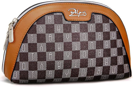 BOYATU Small Travel Makeup Bag for Women: Elegant Vegan Leather Cosmetic Pouch for Purse - Waterproof Toiletry Bag with Mirror(020-Brown)