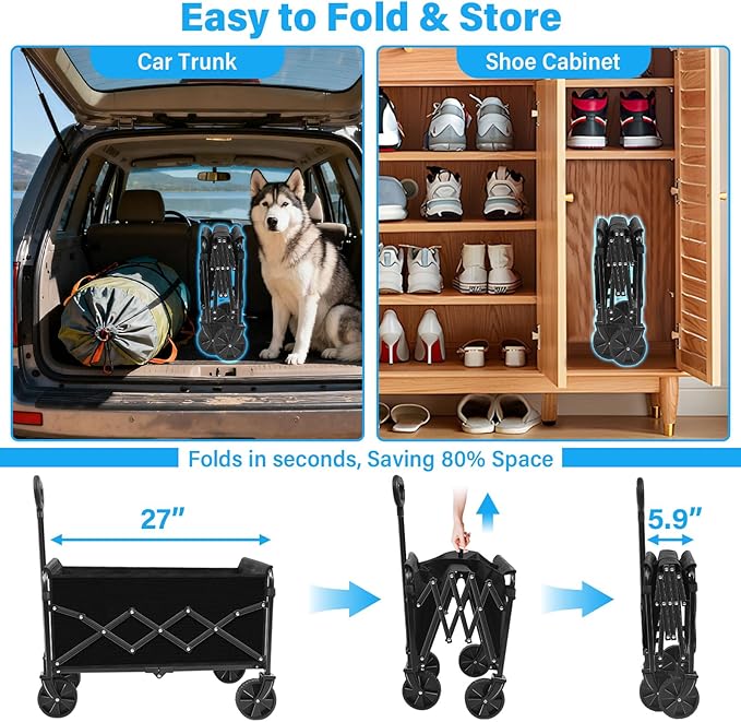 Wagons Carts Foldable, Collapsible Wagon with Wheels, 360LBS Folding Grocery Wagon Cart for Grocery, Camping, Shopping, Garden, Sports