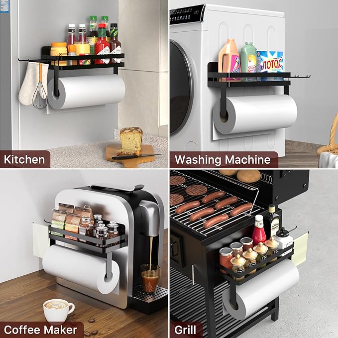 ZUNTO 2pcs Magnetic Paper Towel Holder for Fridge, Black Kitchen Organizer with Towel Roll Holder, Spice Shelf and 2 Hanging Racks (No Drilling)