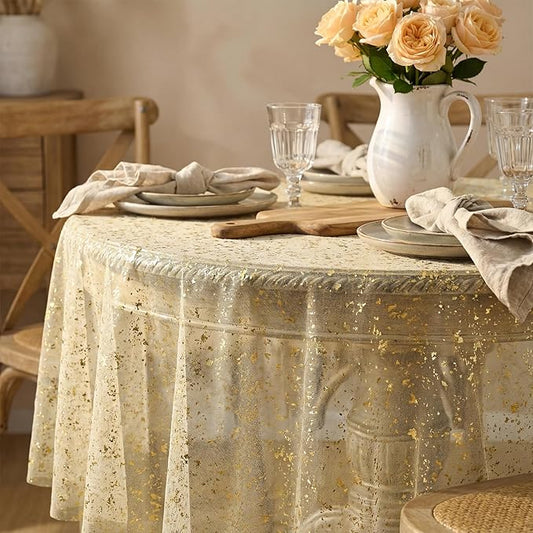 Horaldaily Apricot Gauze Tablecloth 60x60 Inch Round, Golden Sequin Glitter Metallic Foil, Sheer Tulle Cheesecloth for Wedding Baby Shower Ceremony Birthday