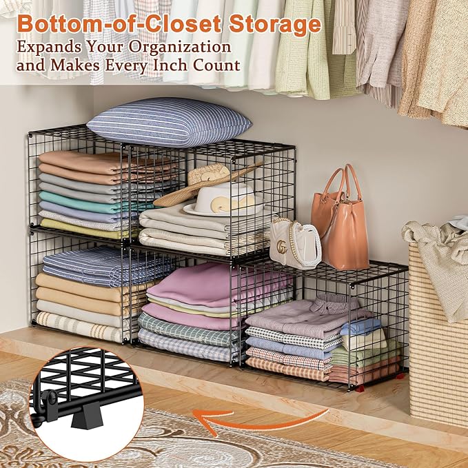 Upgraded Wider & Taller Closet Organizer with Wire Top Shelf, 3-Pack Stackable Closet Shelf Organizer, Space-Saving Clothes Organizer Basket for Closet and Wardrobe, Black