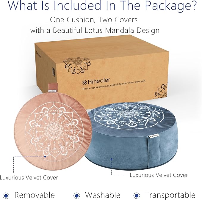 Hihealer Meditation Cushion, Traditional Tibetan Meditation Pillow Velvet Cover - Large Floor Cushion Seating for Adults - Yoga Buckwheat Bolster for Women、Moms