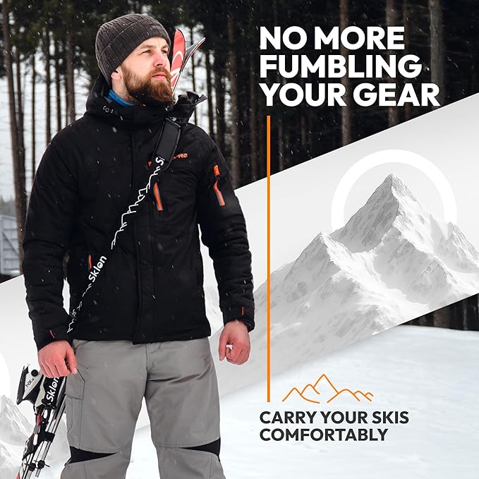 Sklon Ski Strap and Pole Carrier | Avoid the Struggle and Effortlessly Transport Your Ski Gear Everywhere You Go | Features Cushioned Shoulder Sling | Great for Families - Men, Women and Kids - Black