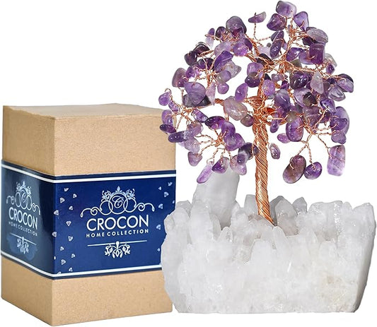 Amethyst Crystal Tree of Life with White Aura Base – Gemstone Tree for Shelf & Home Bedroom Decor – Crystals and Healing Stones, Cute Purple Birthday Gifts & Housewarming Gifts for Women Mom Sister
