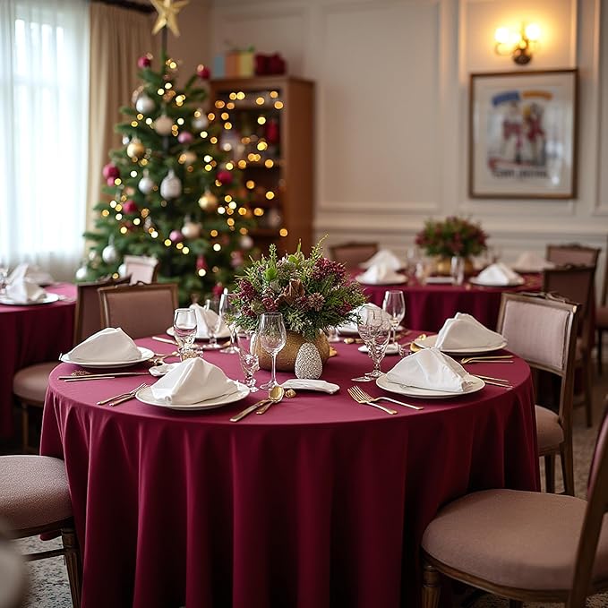 sancua Round Tablecloth 108 Inch Diameter, 6 Pack Burgundy - Circle Polyester Fabric Table Cloth for Chiristmas Party Reception Banquet Birthday, Washable Formal Table Cover (Fit 42-96 Inch Tables)