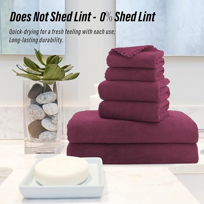 MOONQUEEN Ultra Soft Microfiber Coral Velvet Towel Set - Quick Drying, 2 Bath Towels, 2 Hand Towels, 2 Washcloths - Burgundy, 6 Pcs