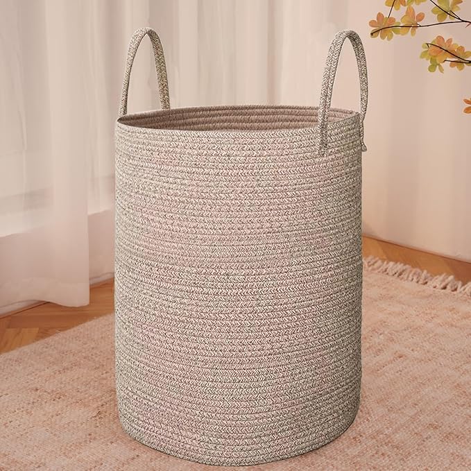 Large Woven Laundry Basket Hamper, 60L Cotton Rope Storage Bin for Blankets, Toys, and Clothes, Decorative Tall Nursery Hamper for Living Room, Baby Nursery, Bathroom, and Bedroom, Oatmeal
