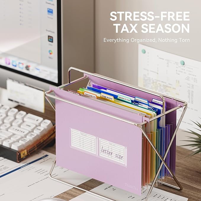 ThinkTex Plastic Expanding Hanging File Folders, 7 Innovative 1.2" Accordion Pockets, Large Capacity, Multi-Color Tabs, Letter Size for Filing Cabinet - Purple