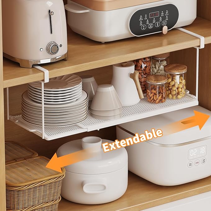 ROLIZOE 1 Pack Expandable Under Cabinet Shelf, Under Shelf Basket with 0.94 Inches Thick Clips for Kitchen Cupboard, Metal Hanging Under Desk Basket for Laundry Room, Cabinet, Shoe Rack