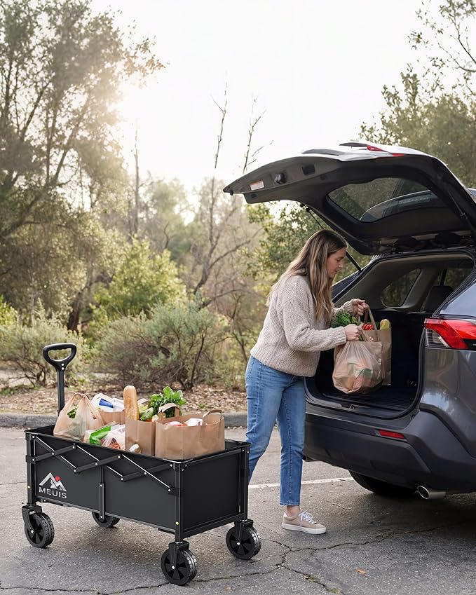Collapsible Wagon Cart with Wheels - 300LBS Heavy Duty Folding Wagon for Groceries Shopping Outdoor Apartment Portable Foldable Utility Grocery Trolley, Black, XL