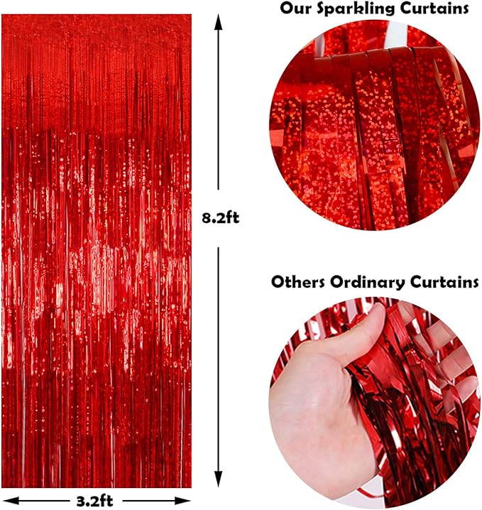 Red Foil Fringe Curtains Party Decorations – 3 Pack 3.2 x 8.2 ft Shiny Tinsel Backdrop for Valentine’s Day, Birthday & Photo Booth