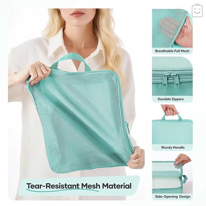 Veken 11-Piece Compression Packing Cubes for Travel Essentials, Compressible Expandable Large Luggage Suitcase Organizer Bags for Clothing, Durable Space Saver Storage Bags with Toiletry Bags (Blue Green)