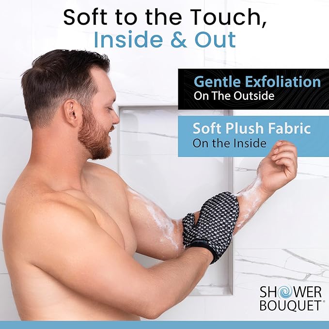 Japanese Exfoliating Mitt for Shower [1-Pack, White] - Charcoal & Silver Ion Exfoliating Glove - Gentle Exfoliation & Deep Cleansing Shower Mitt - Exfoliating Body Scrubber Glove, Soft Fabric Inside