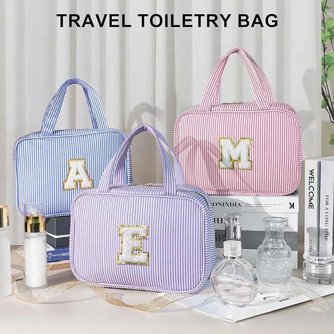 TOPEAST Gifts for Friends - Friendship Gifts for Women, Travel Toiletry Bag for Women, Hanging Toiletry Bag, Monogrammed Initial Toiletry Pouch Makeup Bag - Letter F, Blue