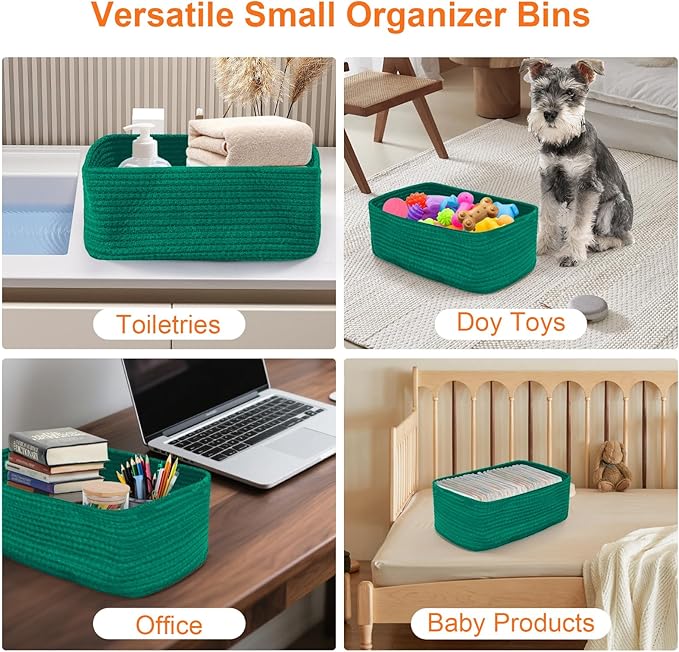 Ordn2Ordn Small Storage Baskets for Organizing, Woven Storage Bins for Shelves, Empty Gift Basket, Cute Decorative Closet Organizer, Baby Rope Basket, Dog Toy Storage, 12.6x8.2x5”, 3-Pack Green