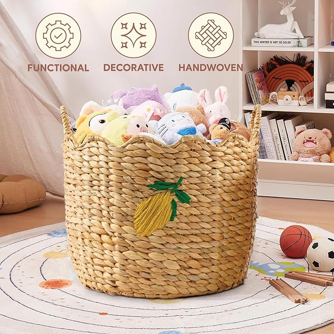 Greenatural Water Hyacinth Storage Baskets Set of 2, Handwoven Round Organizers with Wavy Edge and Embroidered Yellow Lemons, Wicker Bins with Handles for Laundry, Blankets, Plants, Bedroom, Bathroom