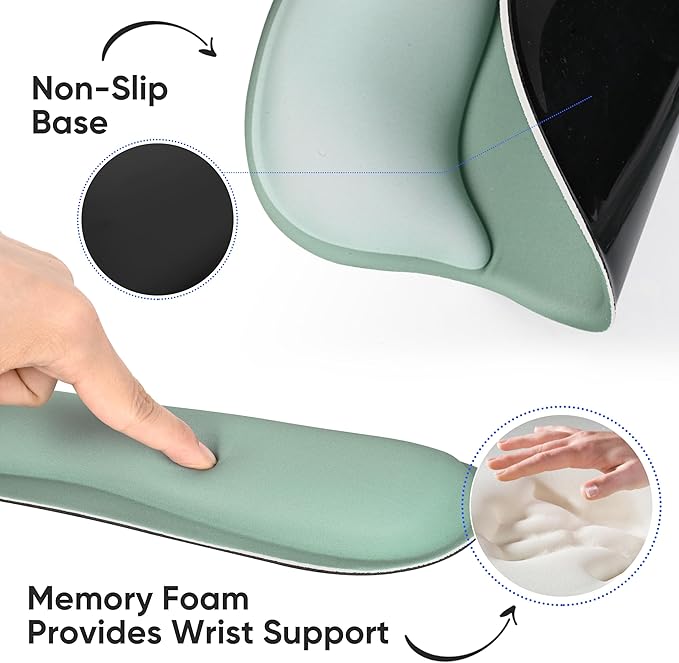 WINTOJO Wrist Rest Support for Mouse Pad Keyboard Set Circle Coaster Gaming Mouse Pad Ergonomic Gel Memory Foam Set for Computer, Laptop, Office, Pain Relief, Comfortably Typing Pure Green KM-34
