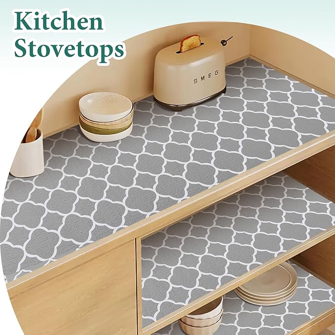 Shelf Liners for Kitchen Cabinets 12in x 20FT Non-Adhesive Drawer Liner Gray Quatrefoil Thickened Shelf Liner Paper Strong Non-Slip Easy to Clean for Tool Box Refrigerator with Knife and Tape Measure