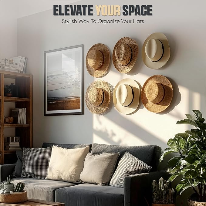 Modern JP Adhesive Hat Hooks for Wall (6-Pack) - Cowboy Hat Rack, Wide Brim Hat Organizer, Strong Hold Hat Hangers for Wall - Black