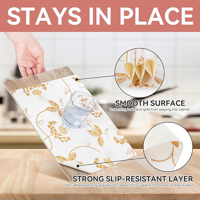 RAY STAR Shelf Liner, Non Adhesive Golden Leaves Floral Kitchen Cabinet Liner for Pantry Drawer Vanity, Strong Grip Non Slip, Shelf Liners for Kitchen Cabinets Cupboard 18 Inch x 8 FT (2 Rolls)