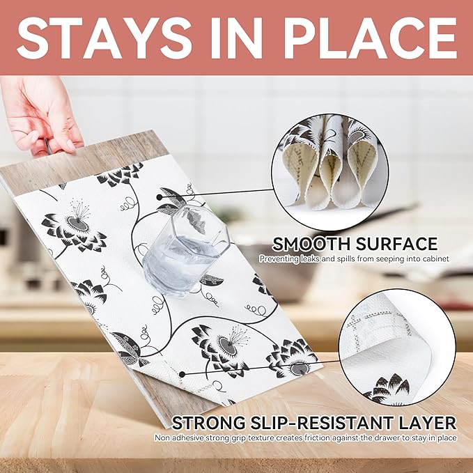 [Upgrade Version] RAY STAR Shelf Liner, Non Adhesive Black Leaves Floral Cabinet Liner for Pantry Drawer, Strong Grip Non Slip, Shelf Liners for Kitchen Cabinets Cupboard 18 Inch x 8 FT (2 Rolls)