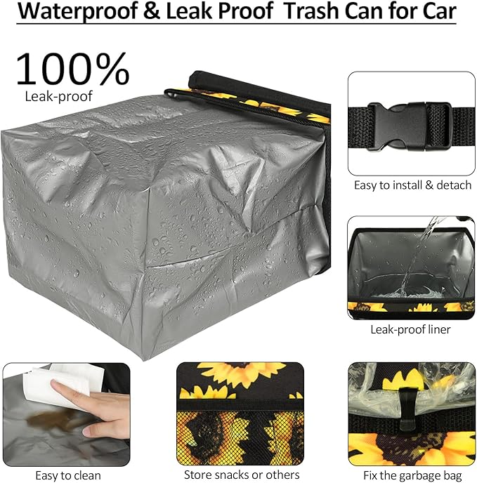 ELONGRIVER Car Trash Can Bin for Back Seat Leak Proof, Cute Car Trash Bag Hanging, Vehicle Trash Can for SUV Truck Van, Automotive Garbage Cans Front Seat Sunflower Floral