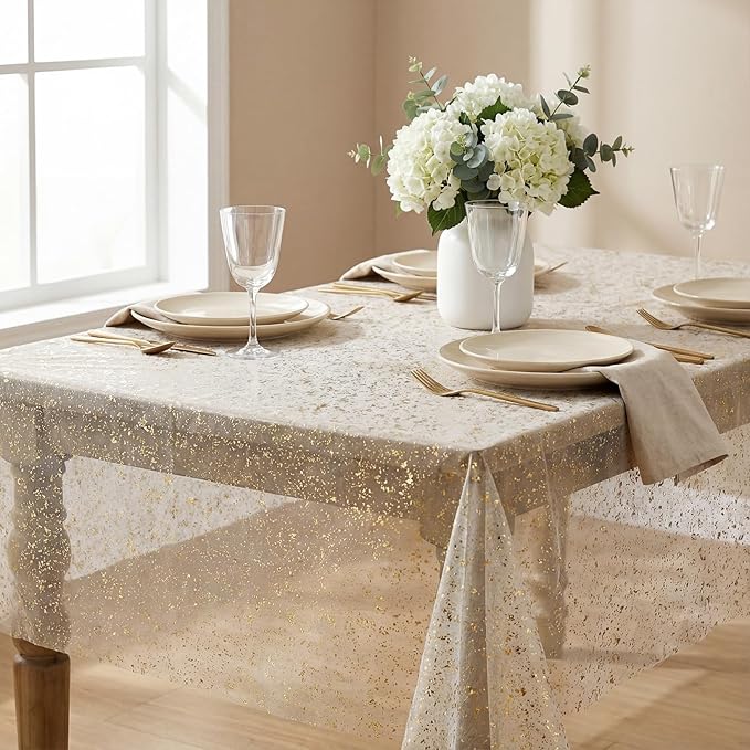 Horaldaily Apricot Gauze Tablecloth 52x70 Inch Rectangular, Golden Sequin Glitter Metallic Foil, Sheer Tulle Cheesecloth for Wedding Baby Shower Ceremony Birthday