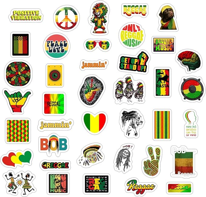 Reggae Stickers – Rasta Stickers, Jamaica Inspired Vinyl Decals – Waterproof Aesthetic Stickers for Laptops, Water Bottles, Guitars, Journals – Gifts for Reggae Music Lovers