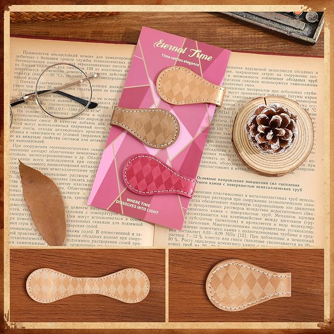 3PCS Vintage Magnetic Leather Bookmark, Leather Magnetic Bookmarks for Women, Magnetic PU Bookmarks Clip Book Accessories, Rhombic Pattern