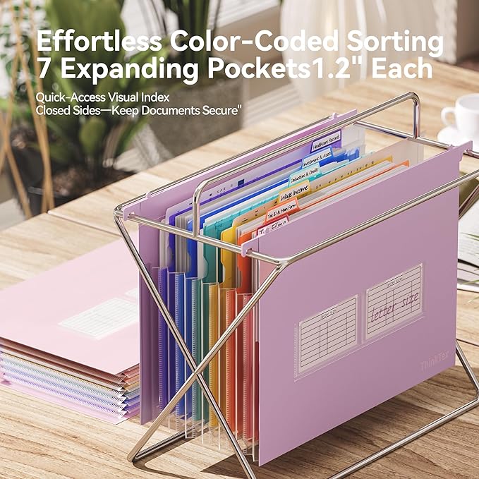 ThinkTex Plastic Expanding Hanging File Folders, 7 Innovative 1.2" Accordion Pockets, Large Capacity, Multi-Color Tabs, Letter Size for Filing Cabinet - Purple