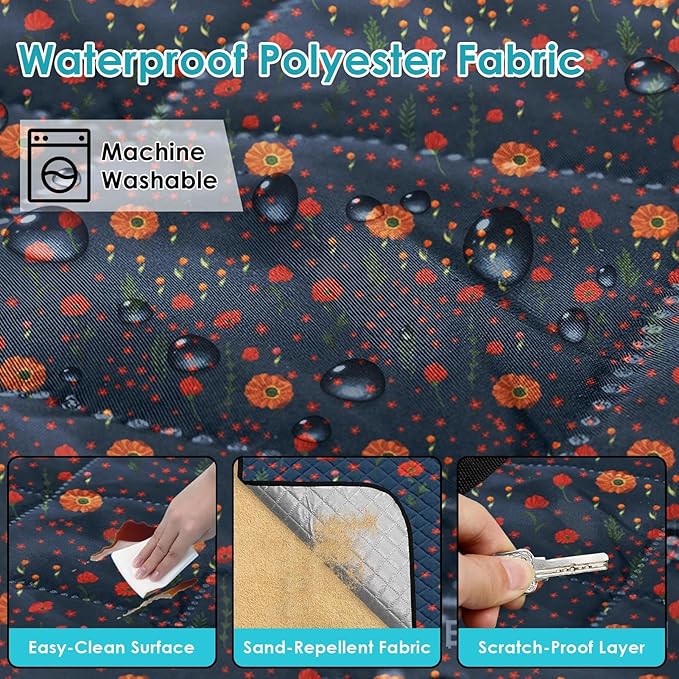 Waterproof Picnic Outdoor Blanket, 79" x 59" Sandproof Foldable Large Picnic Blanket for Beach, Camping, Park, Travel, Concert, Great Gift for Families and Couples (Midnight Flowers)