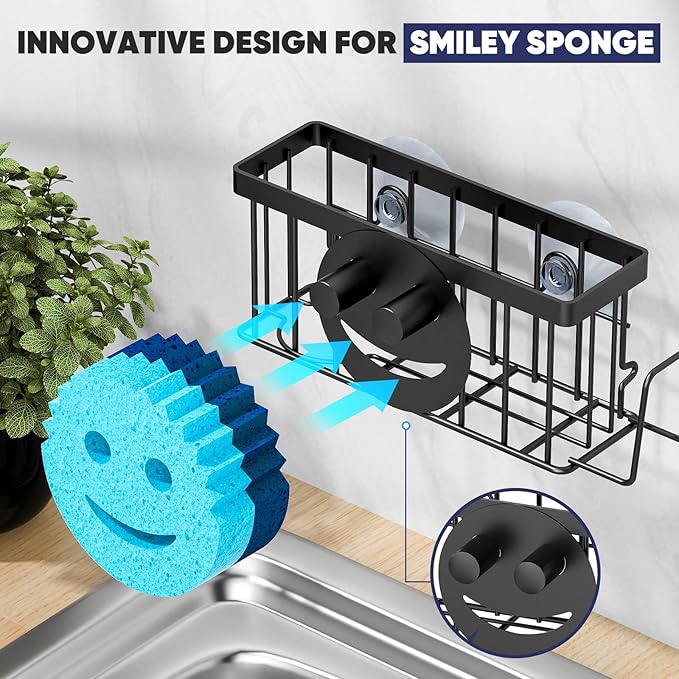 Sponge Holder for Kitchen Sink, Sink Caddy Smiley Face, 4-in-1 Sponge Holder with Suction Cups & 1 PC Adhesive Strip for Holding Soap, Brush, Scrubber, Sponge, Stopper - Black