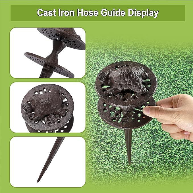 OwnMy Set of 2 Cast Iron Garden Hose Guide Stakes, Heavy-Duty, Decorative Garden Hose Guide Spikes for Lawn, Yard, Outside Plants Protection - Keeping Hoses Away from Flower Beds, Turtle Pattern
